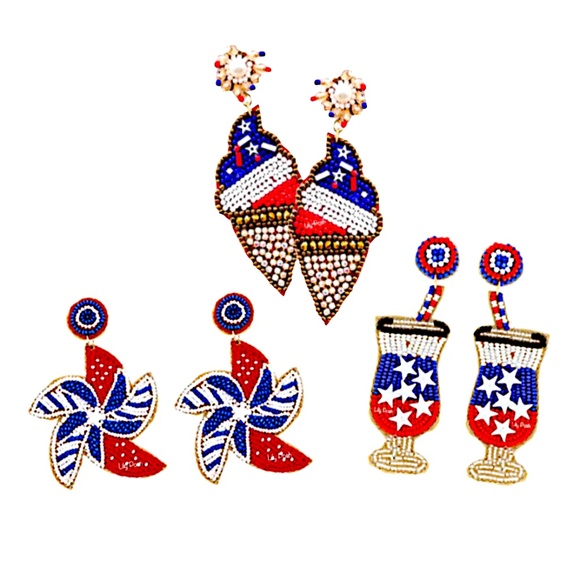 3 Pairs, Beaded Red White Blue Earring, Ice Cream Pinwheel Cocktail Earrings - Picture 1 of 5